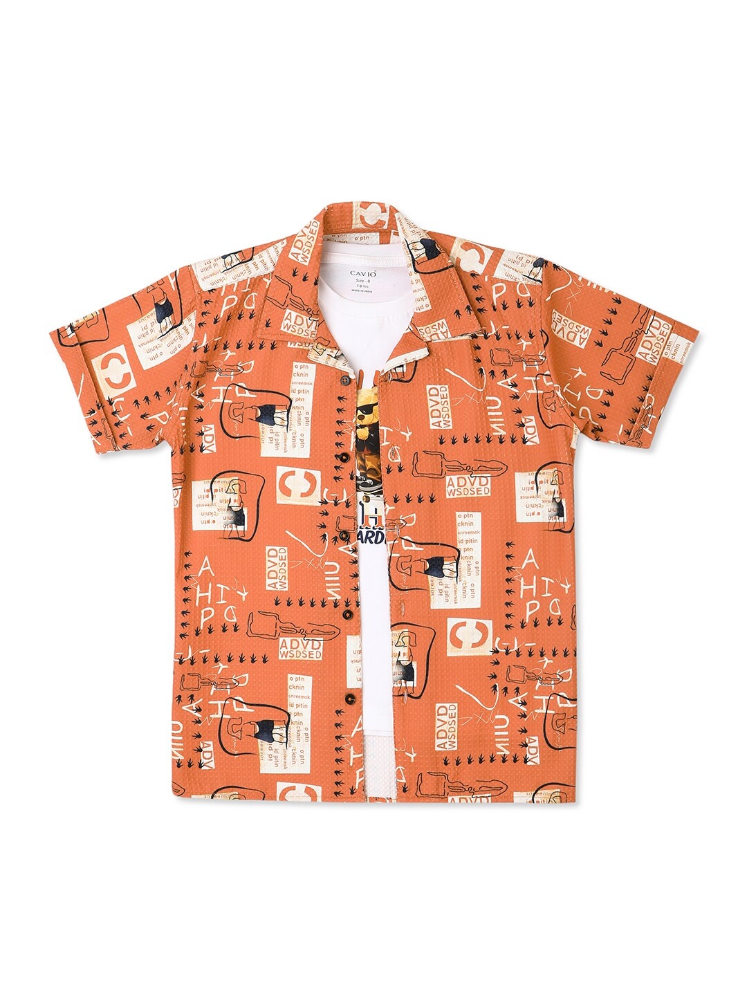 

CAVIO Boys Comfort Conversational Printed Pure Cotton Casual Shirt With T-Shirt, Orange