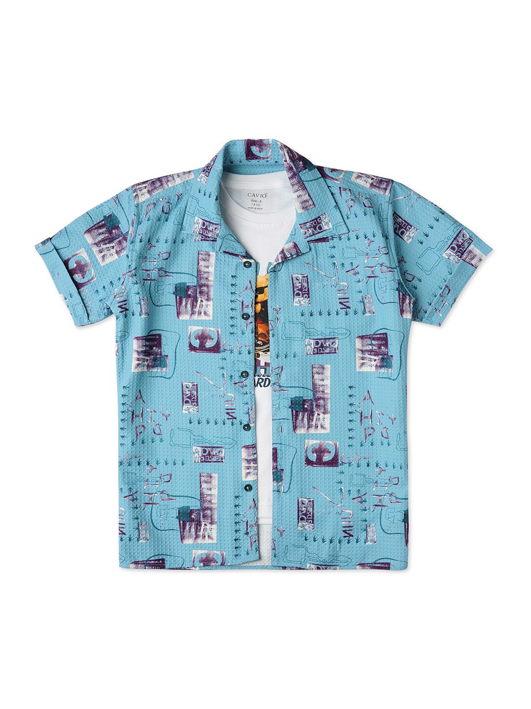 

CAVIO Boys Comfort Printed Pure Cotton Casual Shirt With T-Shirt, Blue