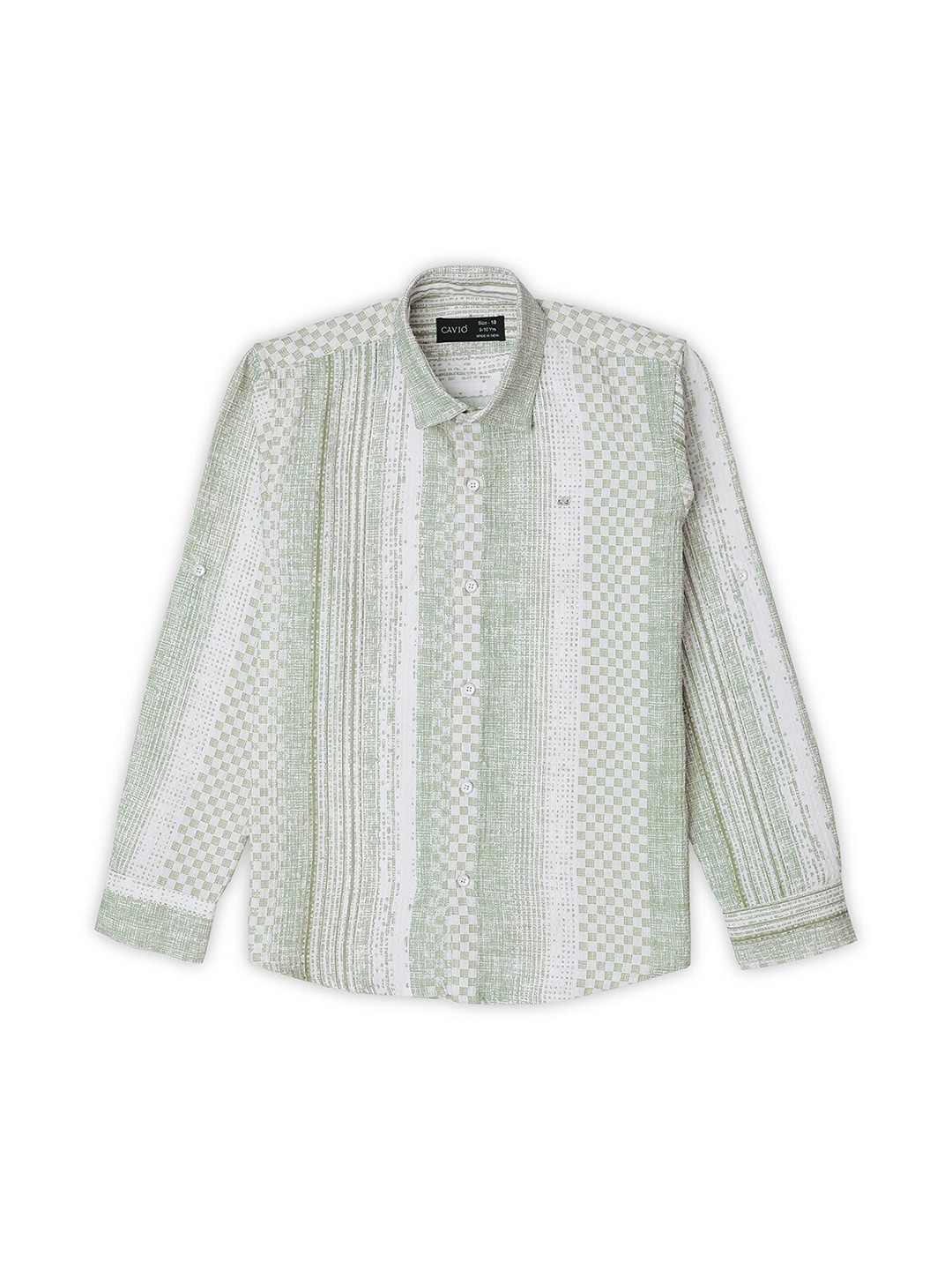 

CAVIO Boys Comfort Geometric Printed Roll-Up Sleeves Pure Cotton Twill Casual Shirt, Green