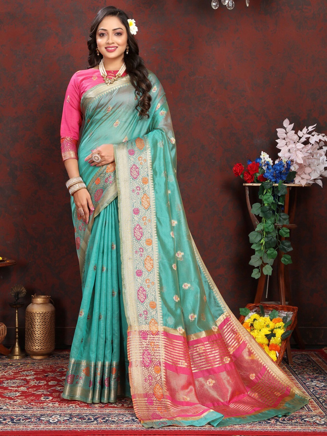 

bansari textiles Ethnic Woven Design Zari Banarasi Saree, Blue