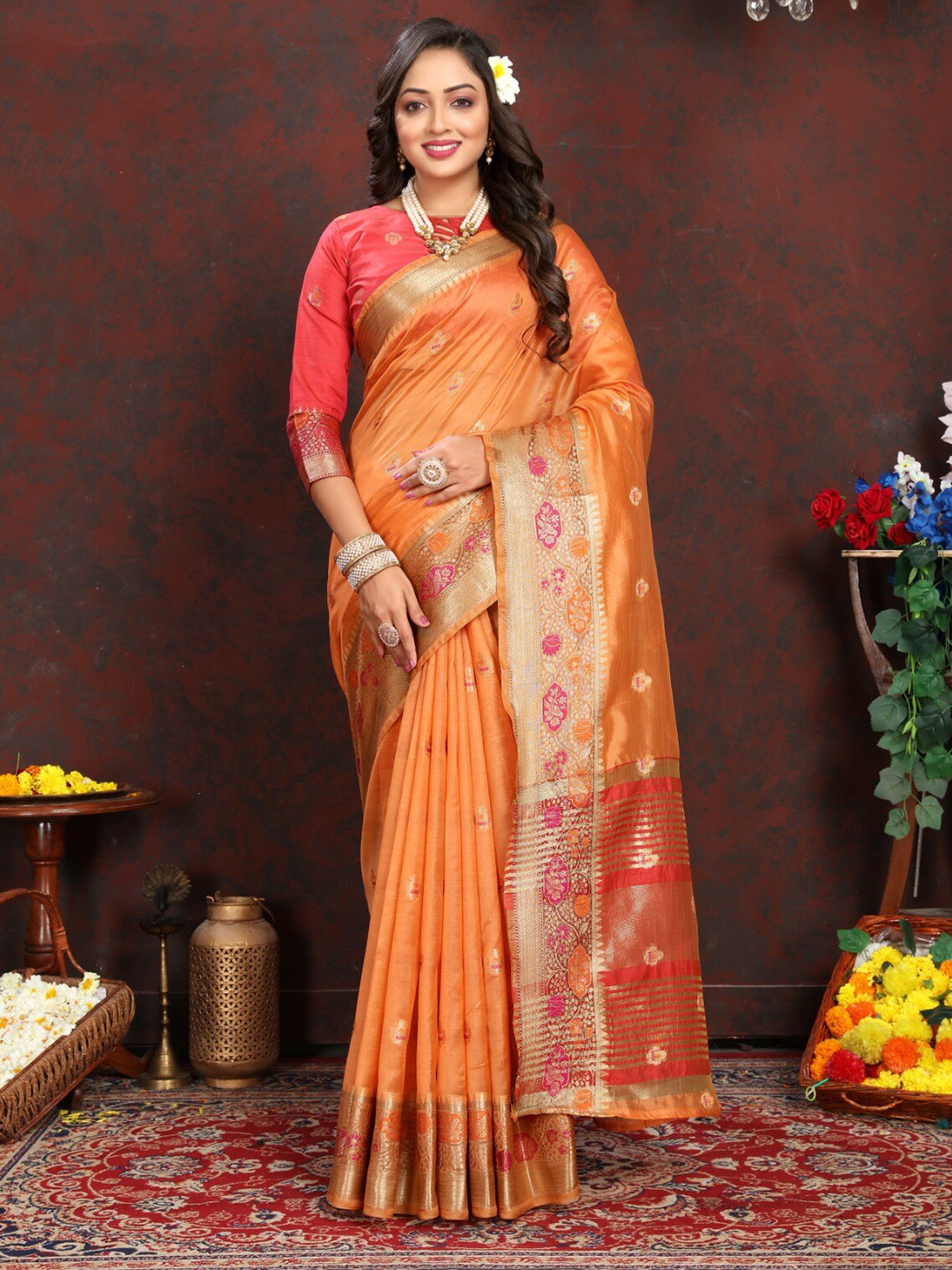 

bansari textiles Ethnic Woven Design Zari Banarasi Saree, Orange