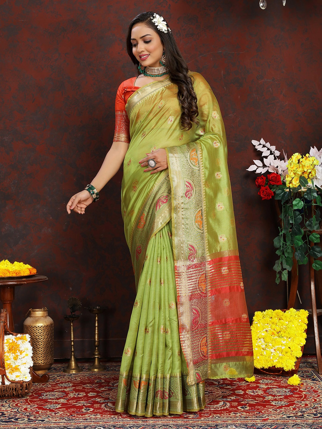 

bansari textiles Ethnic Woven Design Zari Banarasi Saree, Lime green