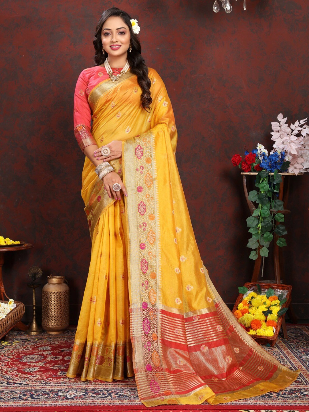 

bansari textiles Ethnic Motifs Pure Kanjeevaram Cotton Printed Saree, Yellow