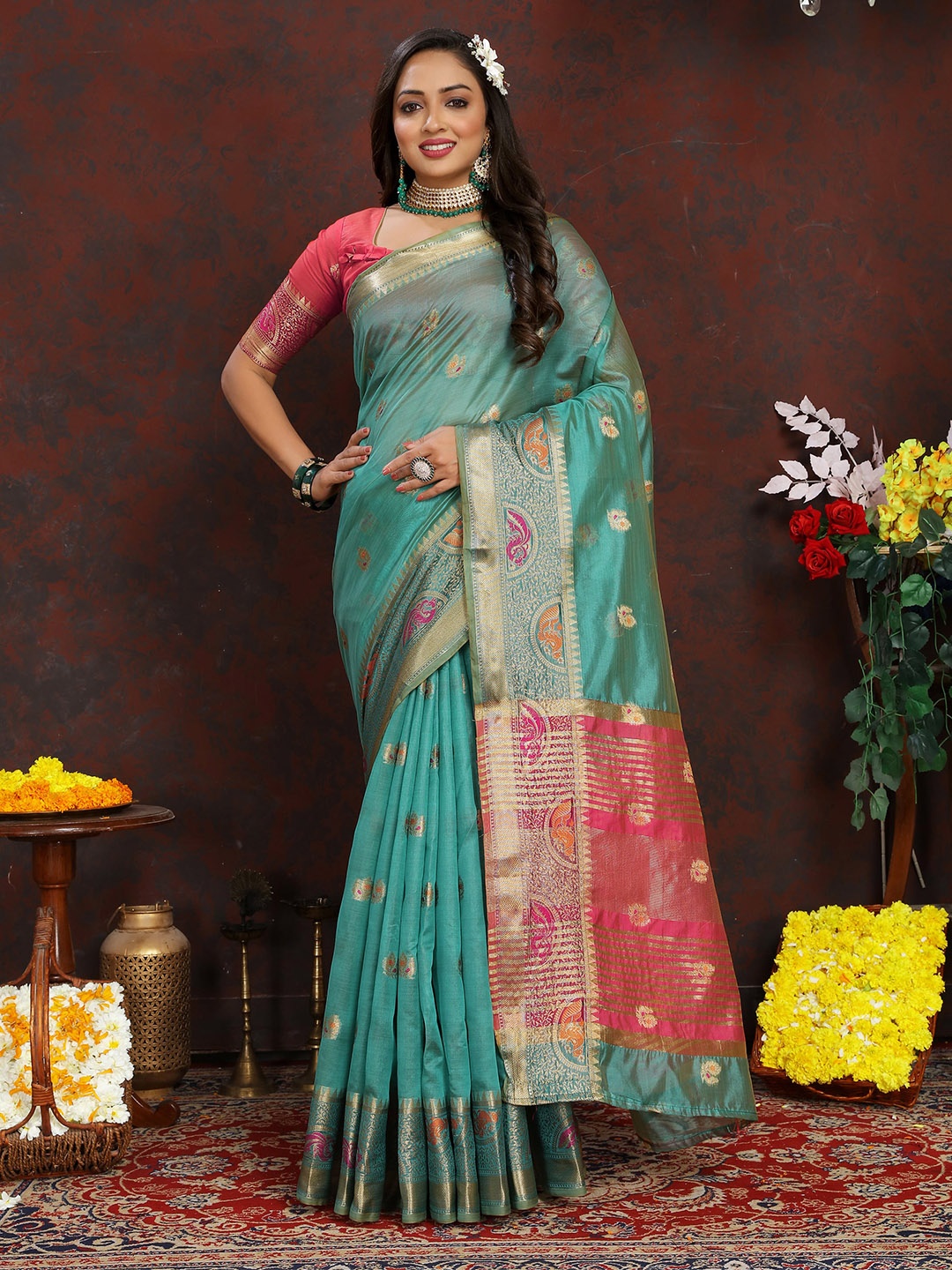 

bansari textiles Ethnic Motif Woven Design Banarasi Zari Saree, Olive