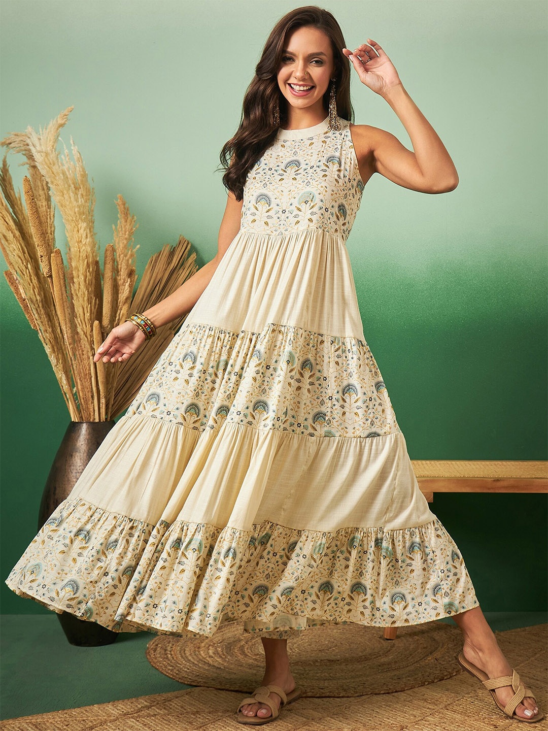 

Sangria Ethnic Motifs Printed Halter Neck Tiered Maxi A-Line Ethnic Dress, Beige