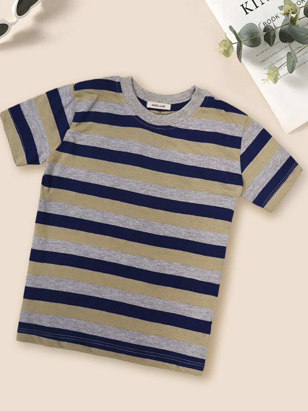 

INCLUD Boys Striped Pure Cotton T-Shirt, Grey