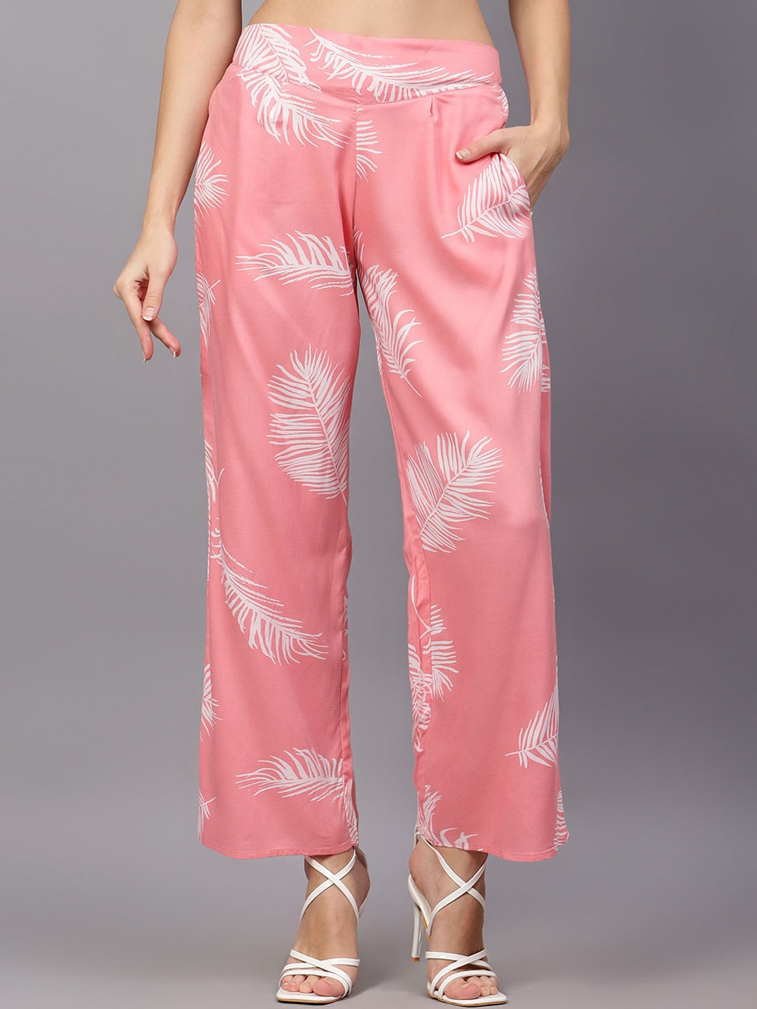 

Indietoga Rayon Leaf Print Pleated Trousers with Pockets, Pink