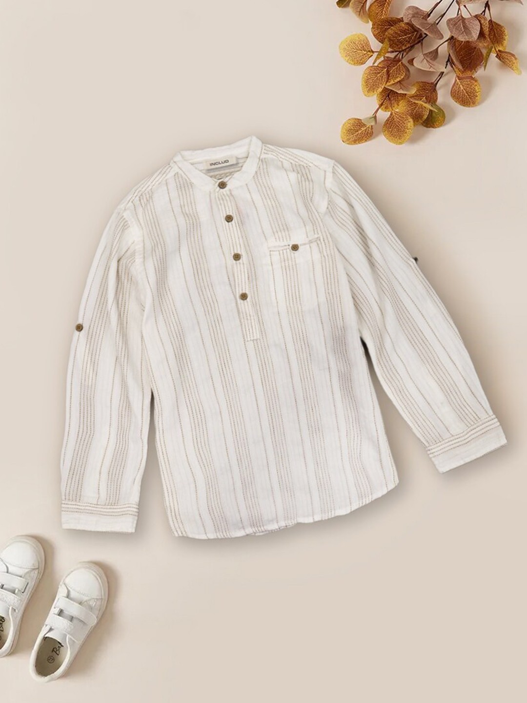 

INCLUD Boys Vertical Stripes Corduroy Mandarin Collar Long Sleeves Cotton Casual Shirt, White