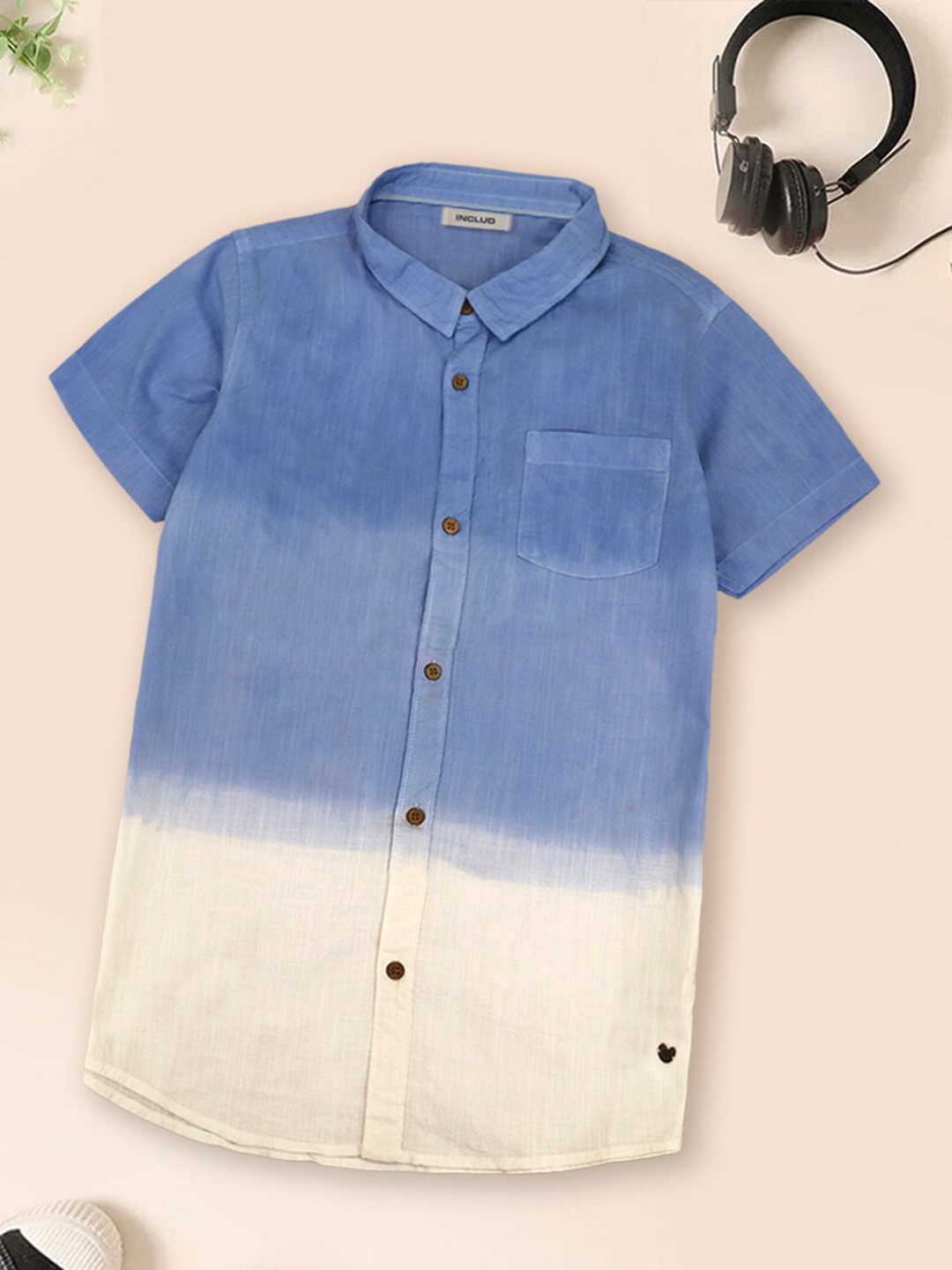 

INCLUD Boys Ombre Printed Corduroy Spread Collar Short Sleeves Cotton Casual Shirt, Blue