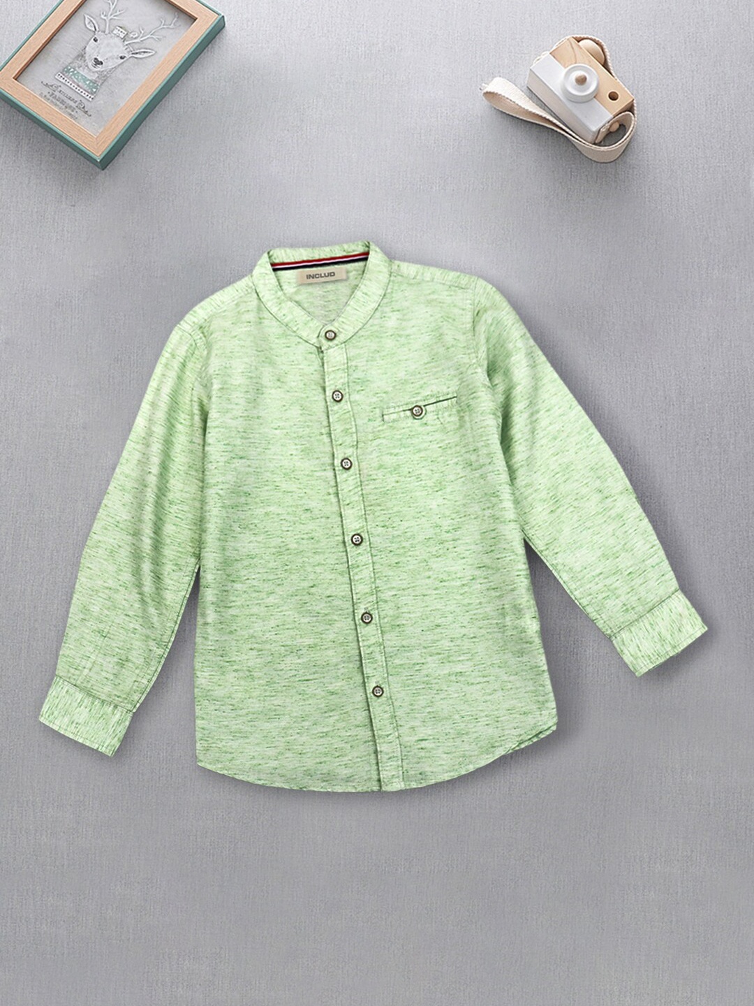 

INCLUD Boys Textured Band Collar Corduroy Casual Cotton Shirt, Green
