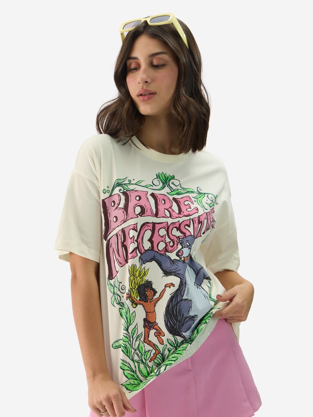 The Souled Store Off White Disney Printed Oversized Pure Cotton T-shirt