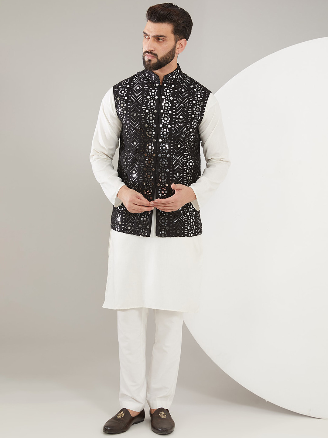 

KASBAH CLOTHING NISHCHAIY SAJDEH Mandarin Collar Embellished Silk Nehru Jacket, Black