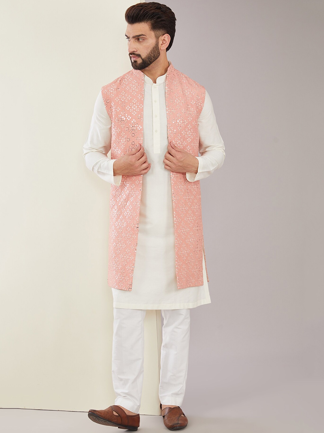 

KASBAH CLOTHING NISHCHAIY SAJDEH Embroidered Mandarin Collar Silk Longline Tailored Jacket, Peach