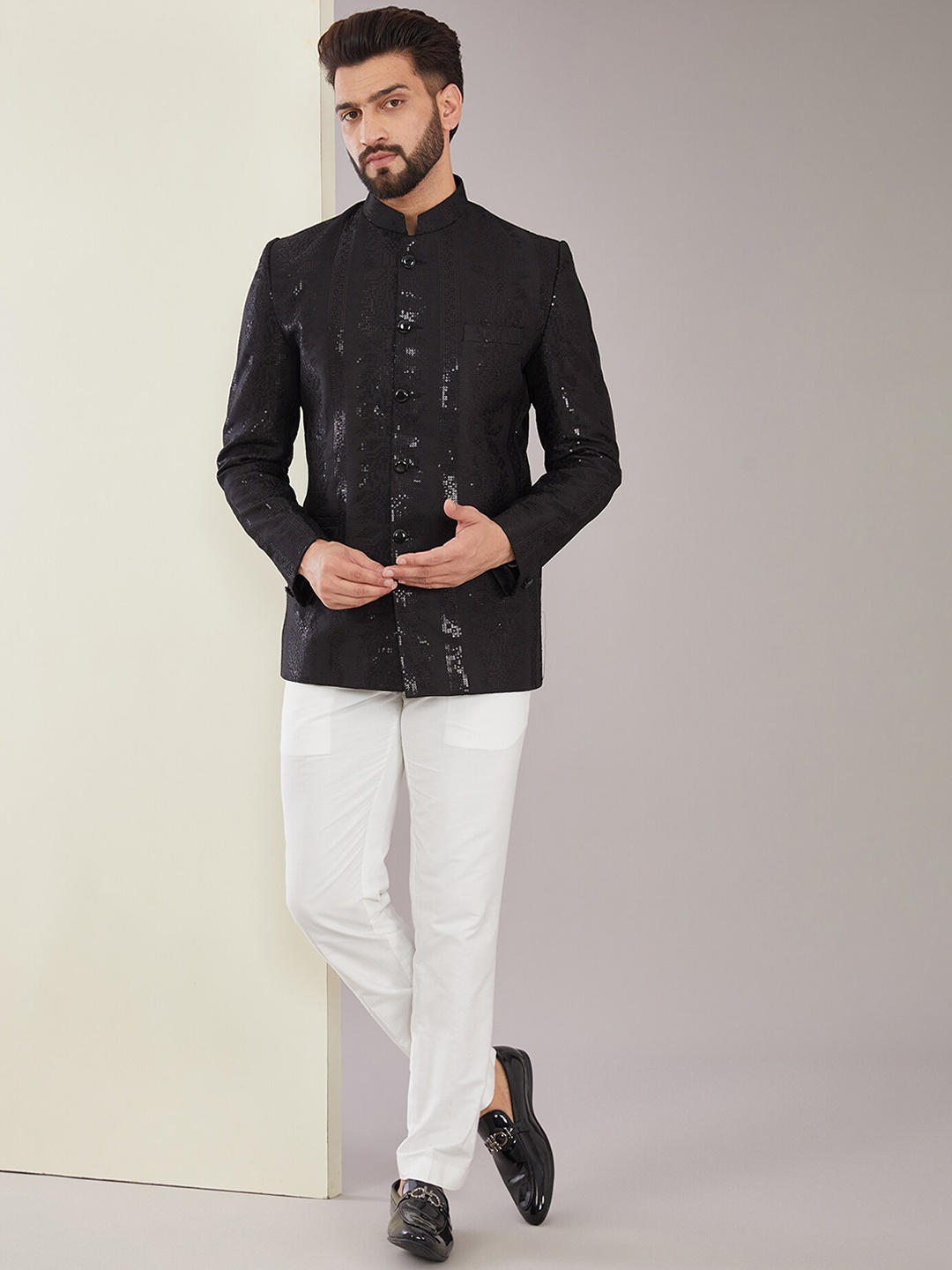 

KASBAH CLOTHING NISHCHAIY SAJDEH Sequined Silk Bandhgala Jacket, Black