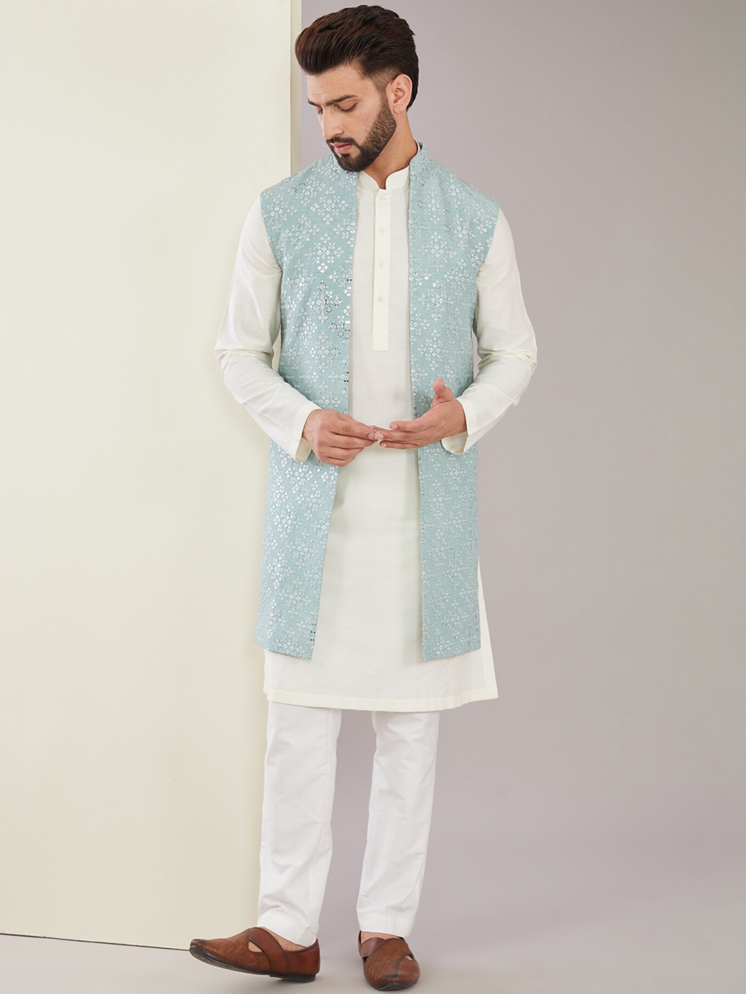 

KASBAH CLOTHING NISHCHAIY SAJDEH Mandarin Collar Sequinned Silk Longline Tailored Jacket, Blue