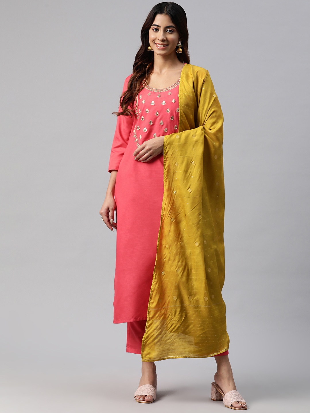 

Yuris Women Ethnic Motifs Regular Sequinned Kurta with Trousers & With Dupatta, Peach