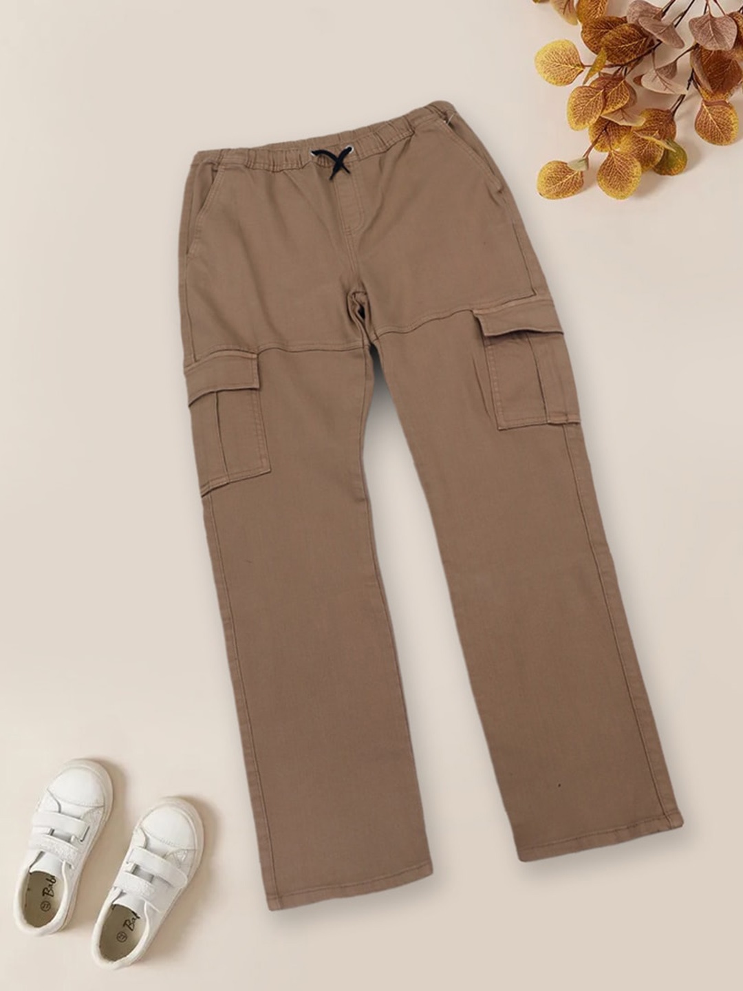 

INCLUD Boys Mid-Rise Coloured Shade Clean Look Pure Cotton Cargo Jeans, Beige