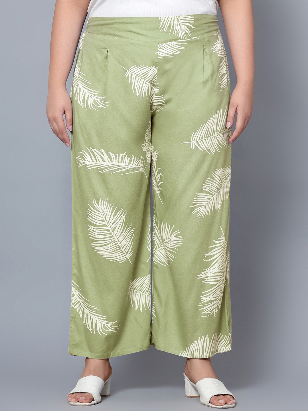

Indietoga Women Plus Size Green Print Viscose Rayon Trousers with Pockets