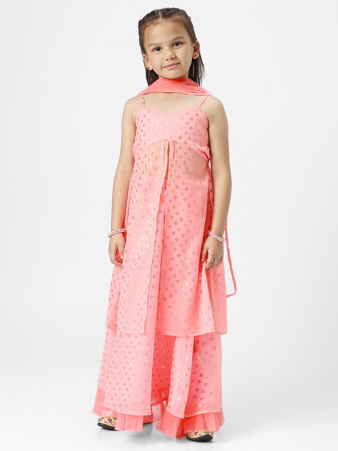 

Nauti Nati Girls Printed Foil Print Sleeveless Ready to Wear Lehenga & Blouse With Dupatta, Pink