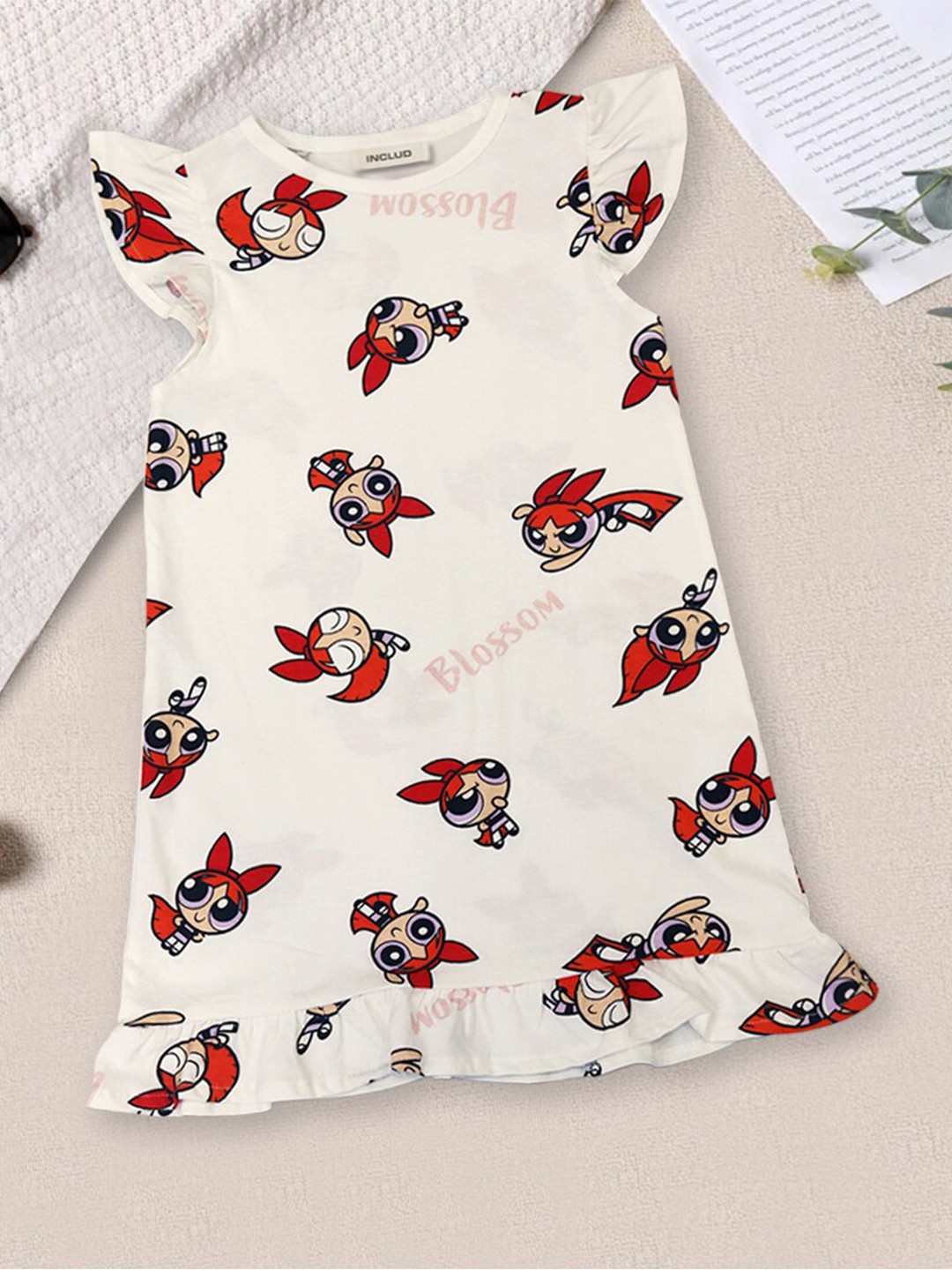 

INCLUD Powerpuff Girls Printed Cotton A-Line Dress, Off white
