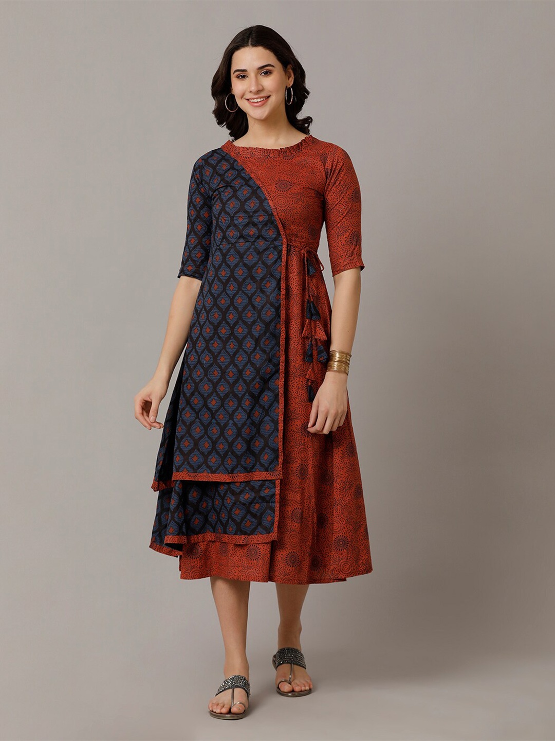 

NAYRA Ethnic Motifs Printed A-Line Cotton Midi Dress, Rust
