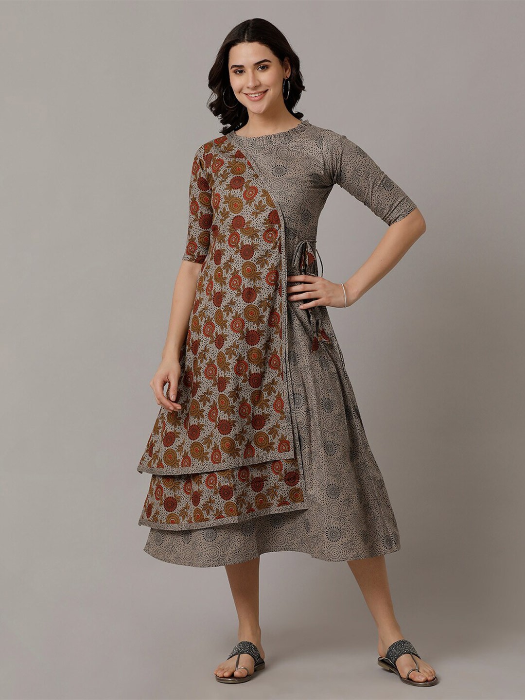 

NAYRA Ethnic Motifs Printed Tie-Ups Cotton A-Line Midi Dress, Grey