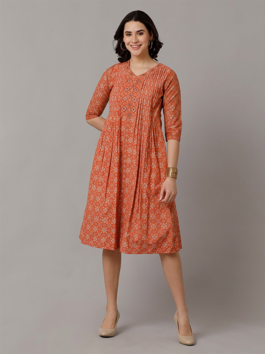 

NAYRA Ethnic Motifs Printed Pleated Silk A-Line Dress, Peach