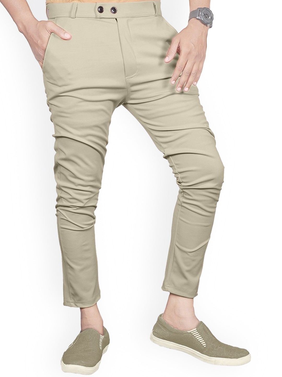 

BAESD Men Slim Fit Mid-Rise Regular Plain Trousers, Beige