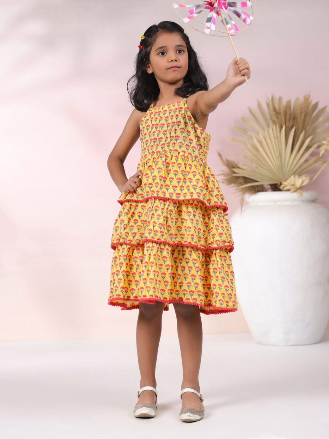 

Sangria Girls Floral Printed Layered Pure Cotton Fit & Flared Dress, Yellow