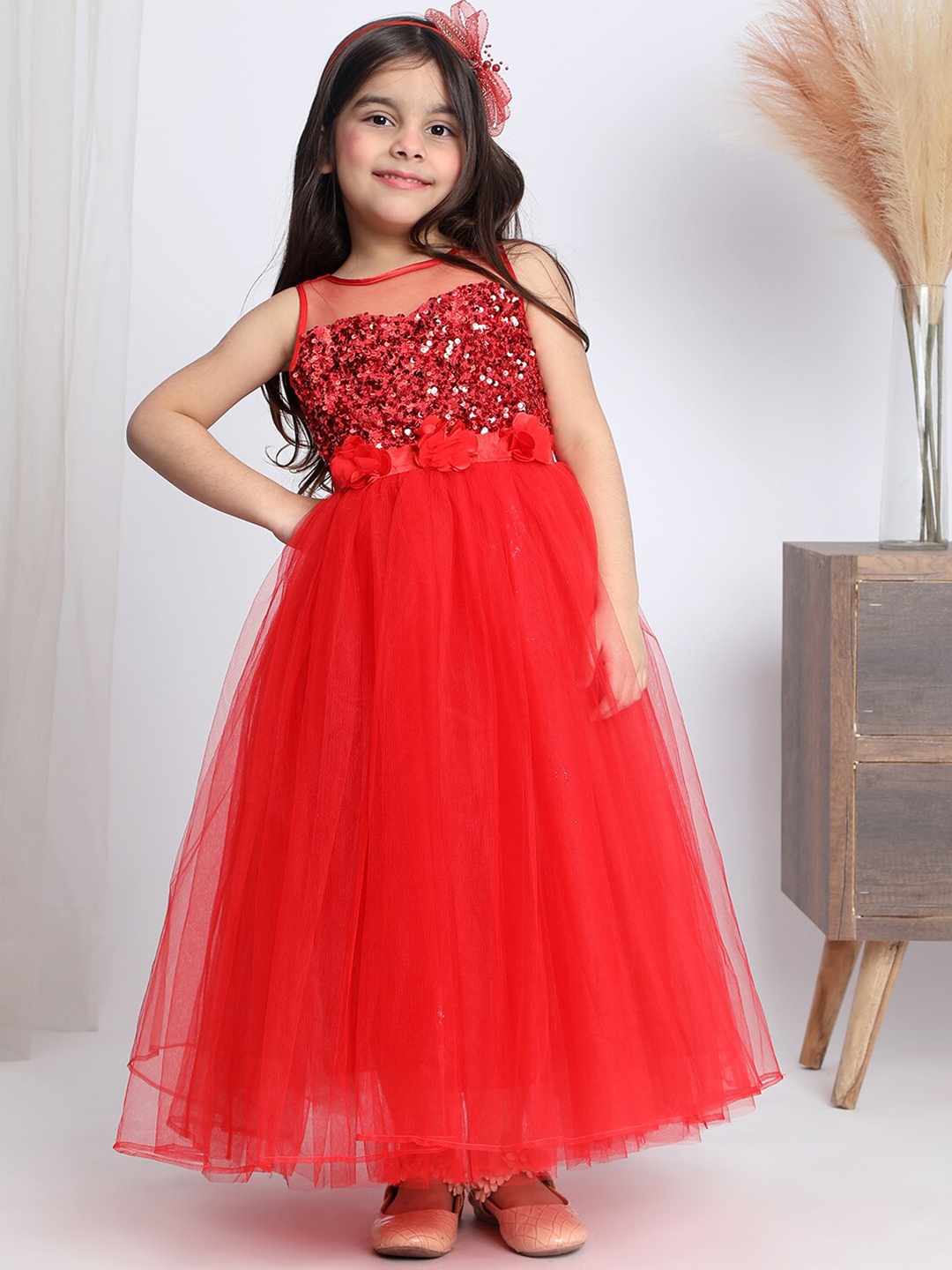 

Toy Balloon kids Girls Embellished Net Fit & Flare Dress, Red