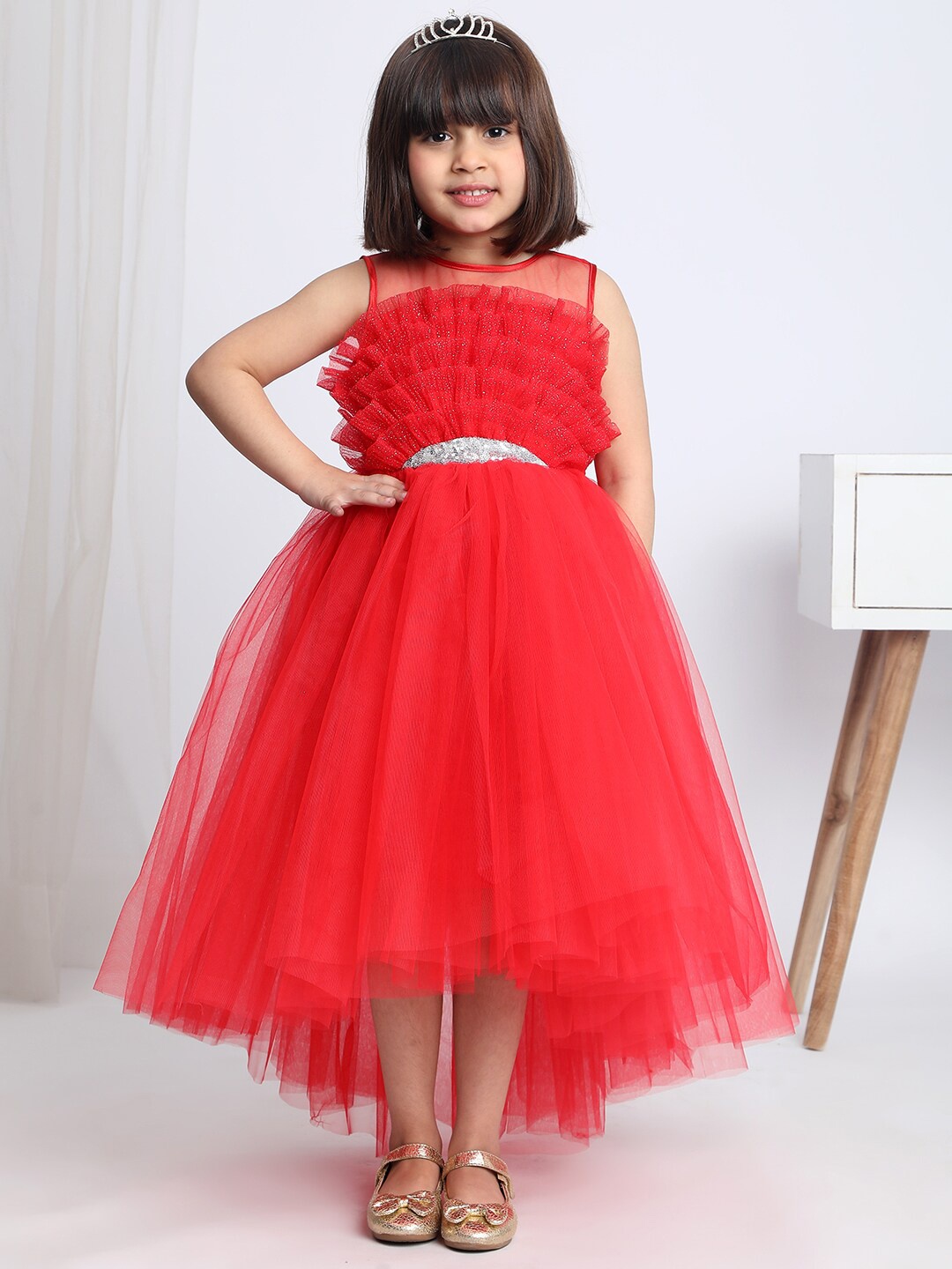 

Toy Balloon kids Girls Embellished Net Fit & Flare Midi Dress, Red