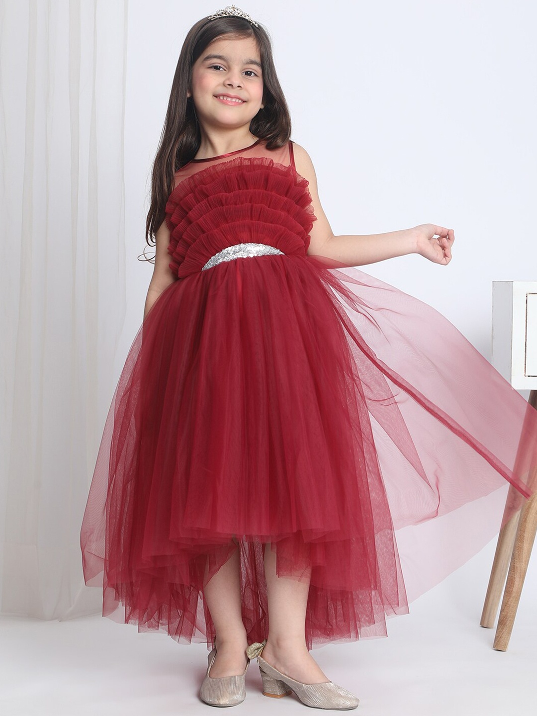 

Toy Balloon kids Girls Embellished Net Fit & Flare Dress, Maroon