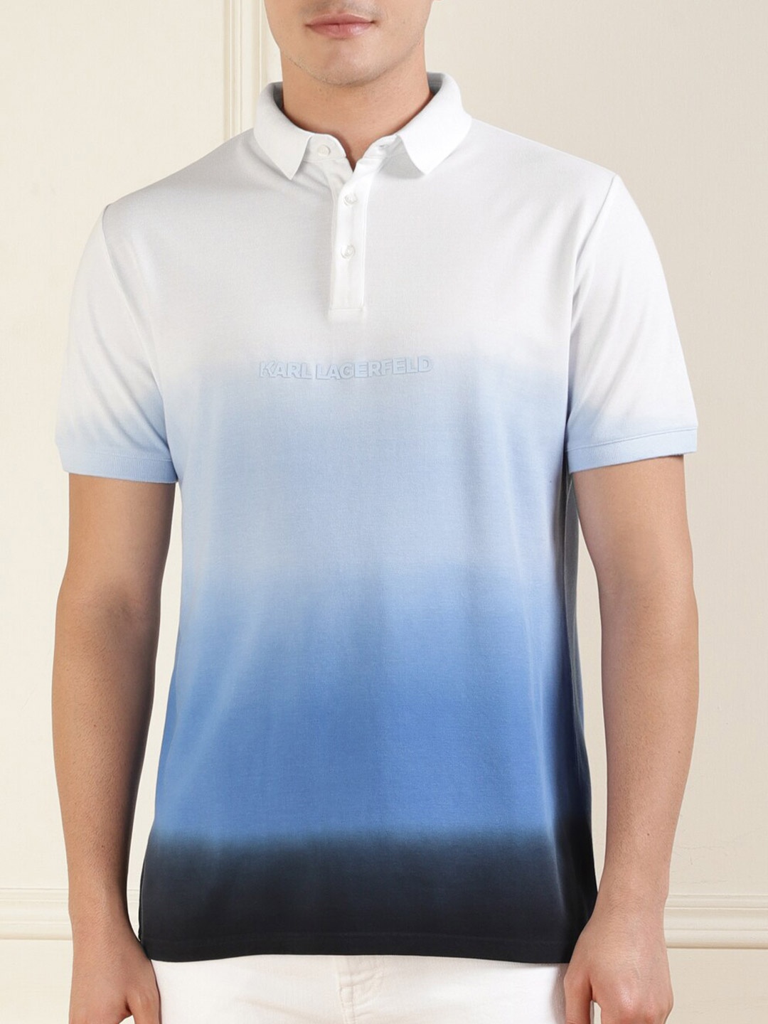 

Karl Lagerfeld Tie & Dye Polo Collar Cotton T-Shirt, Blue