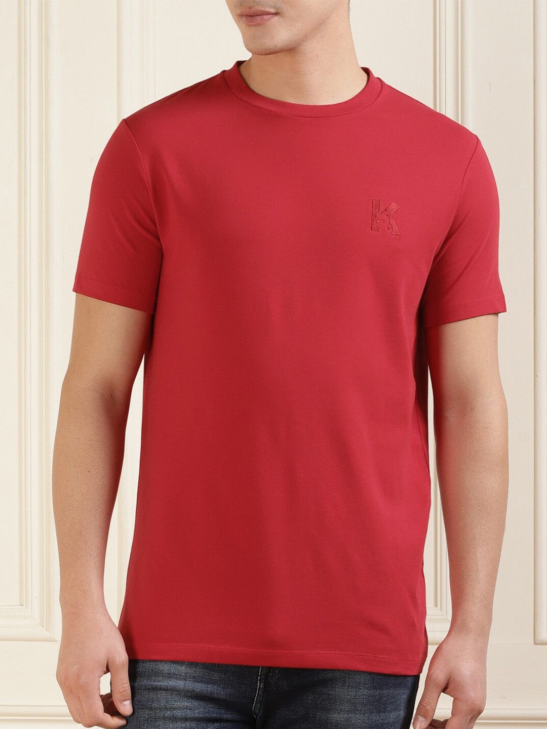

Karl Lagerfeld Brand Logo Embroidered Round Neck Cotton T-shirt, Red
