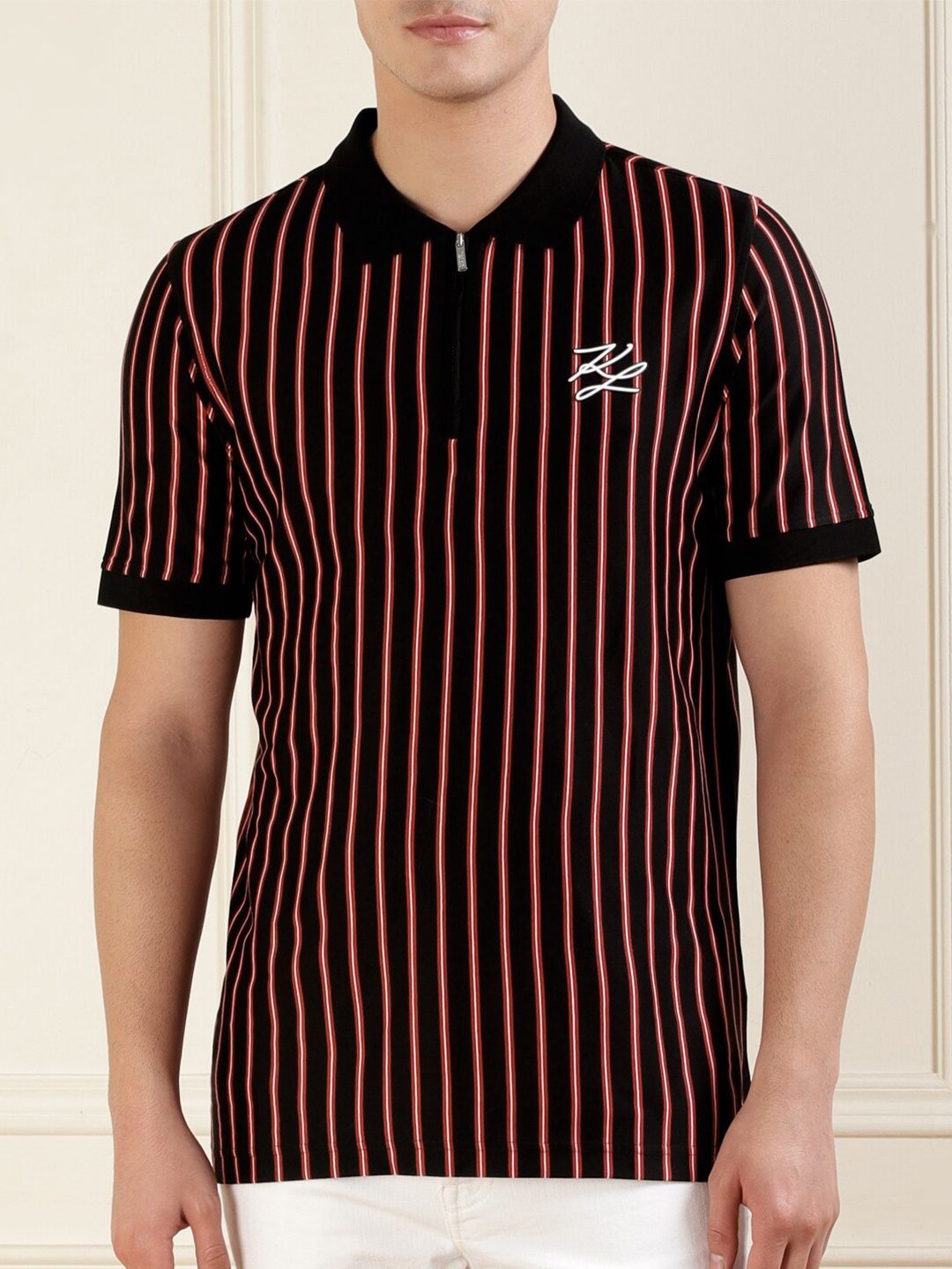 

Karl Lagerfeld Vertical Striped Polo Collar Cotton T-shirt, Red
