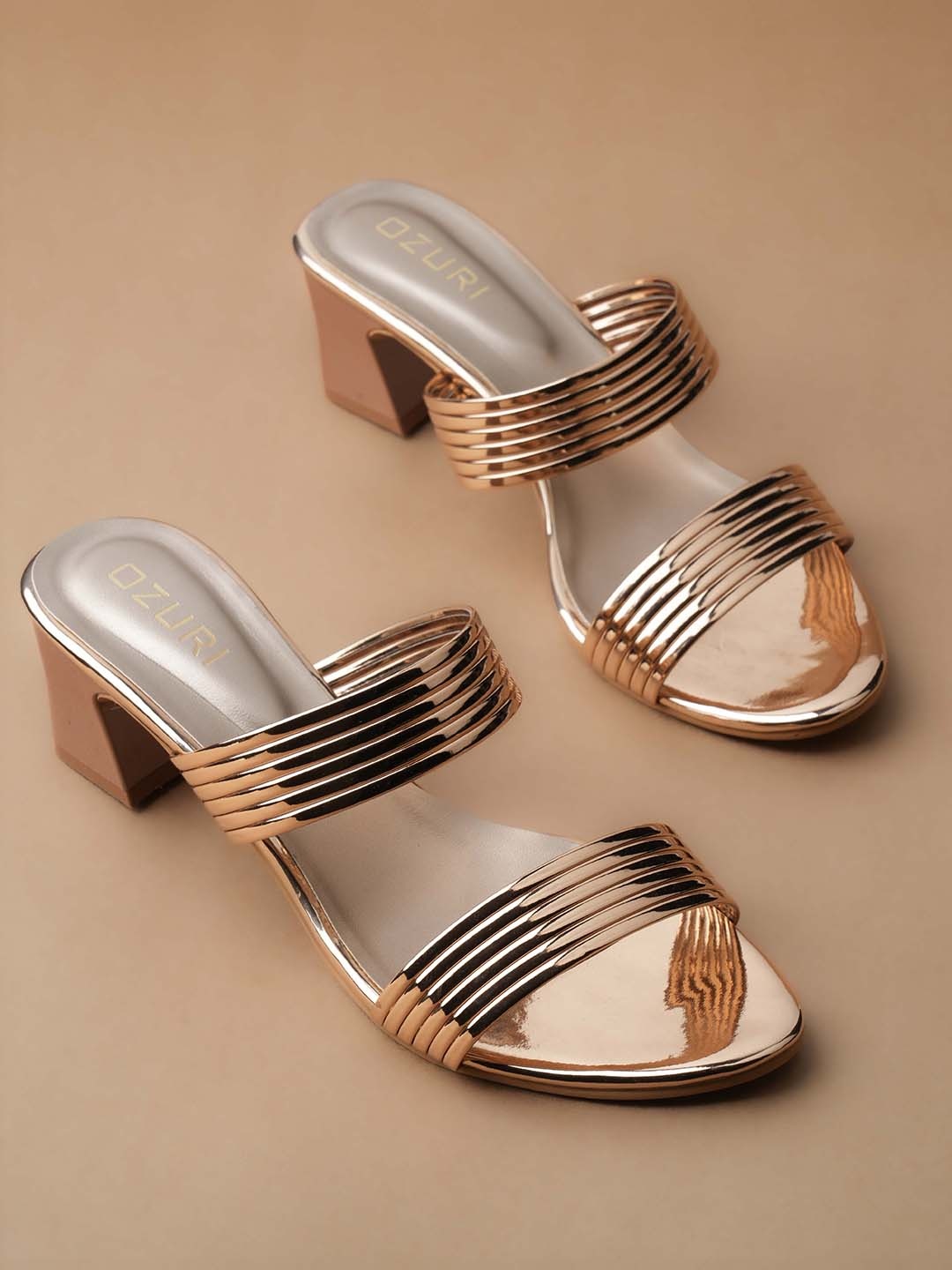 

Ozuri Striped Open Toe Block Heels, Gold