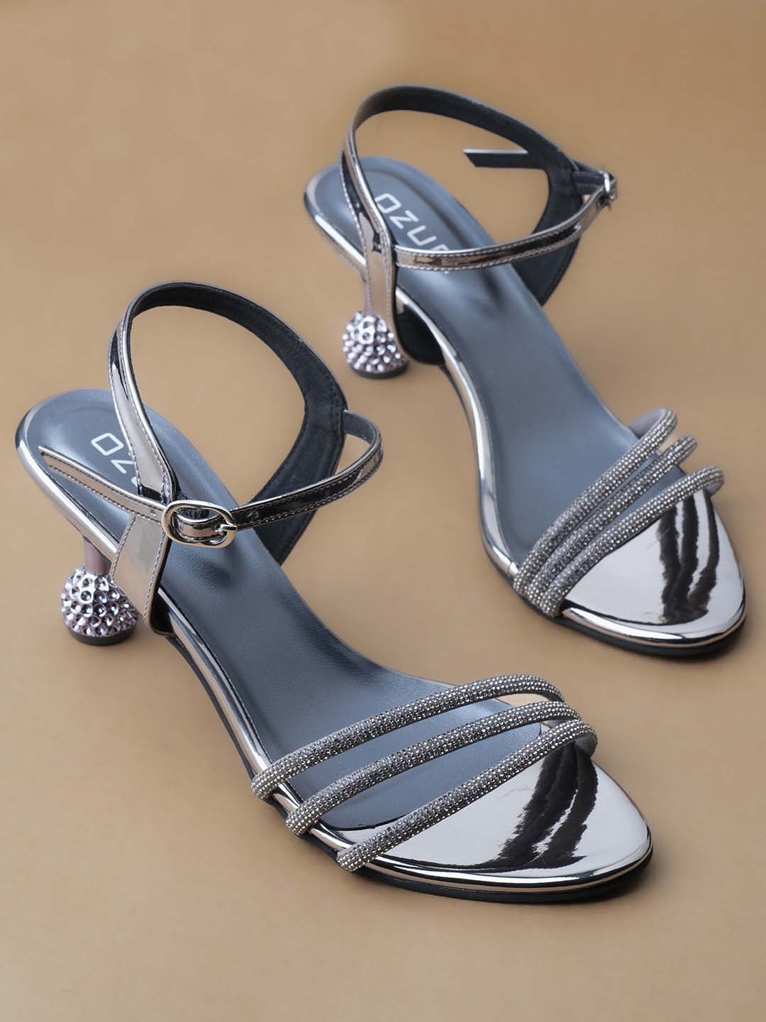 

Ozuri Embellished Open Toe Block Heels, Grey