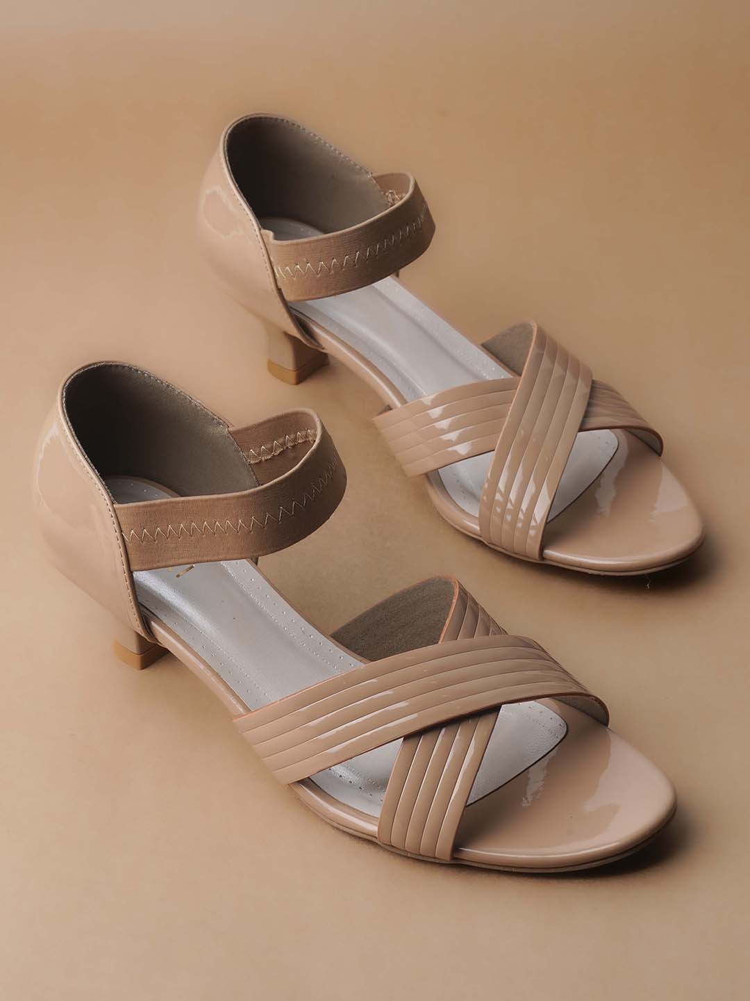 

Ozuri Striped Cross Strap Open Toe Closed Back Kitten Heels, Cream