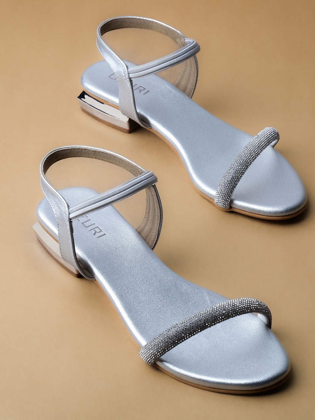 

Ozuri Embellished Open Toe Backstraps Block Heels, Silver