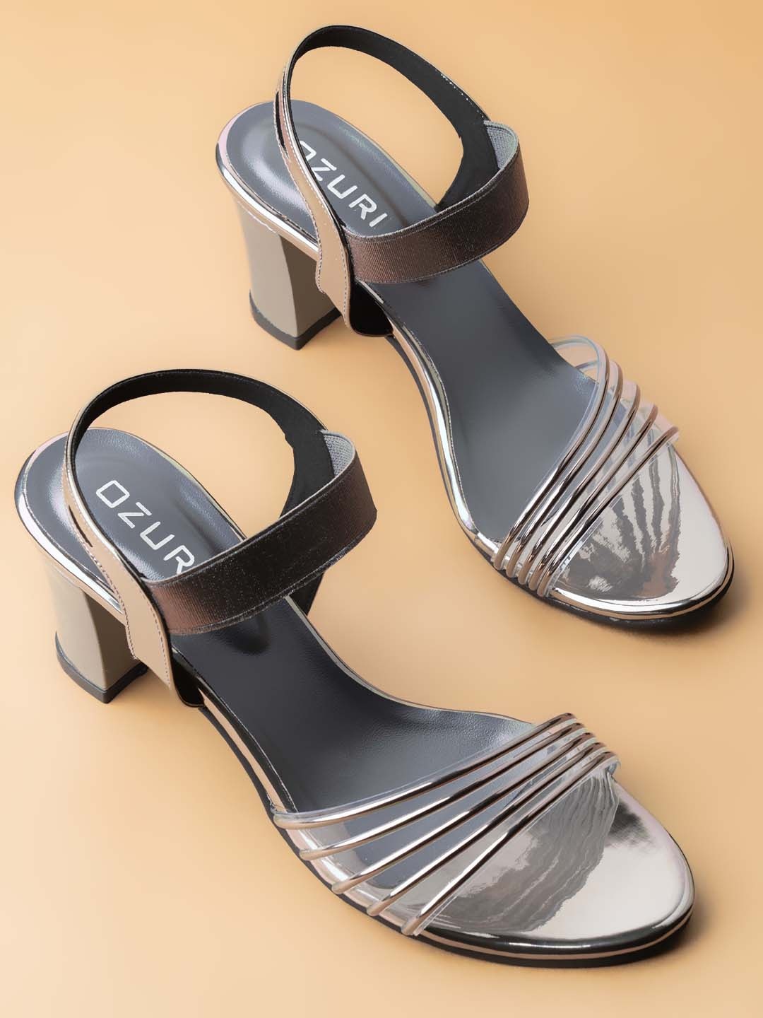 

Ozuri Striped Open Toe Backstraps Block Heels, Grey