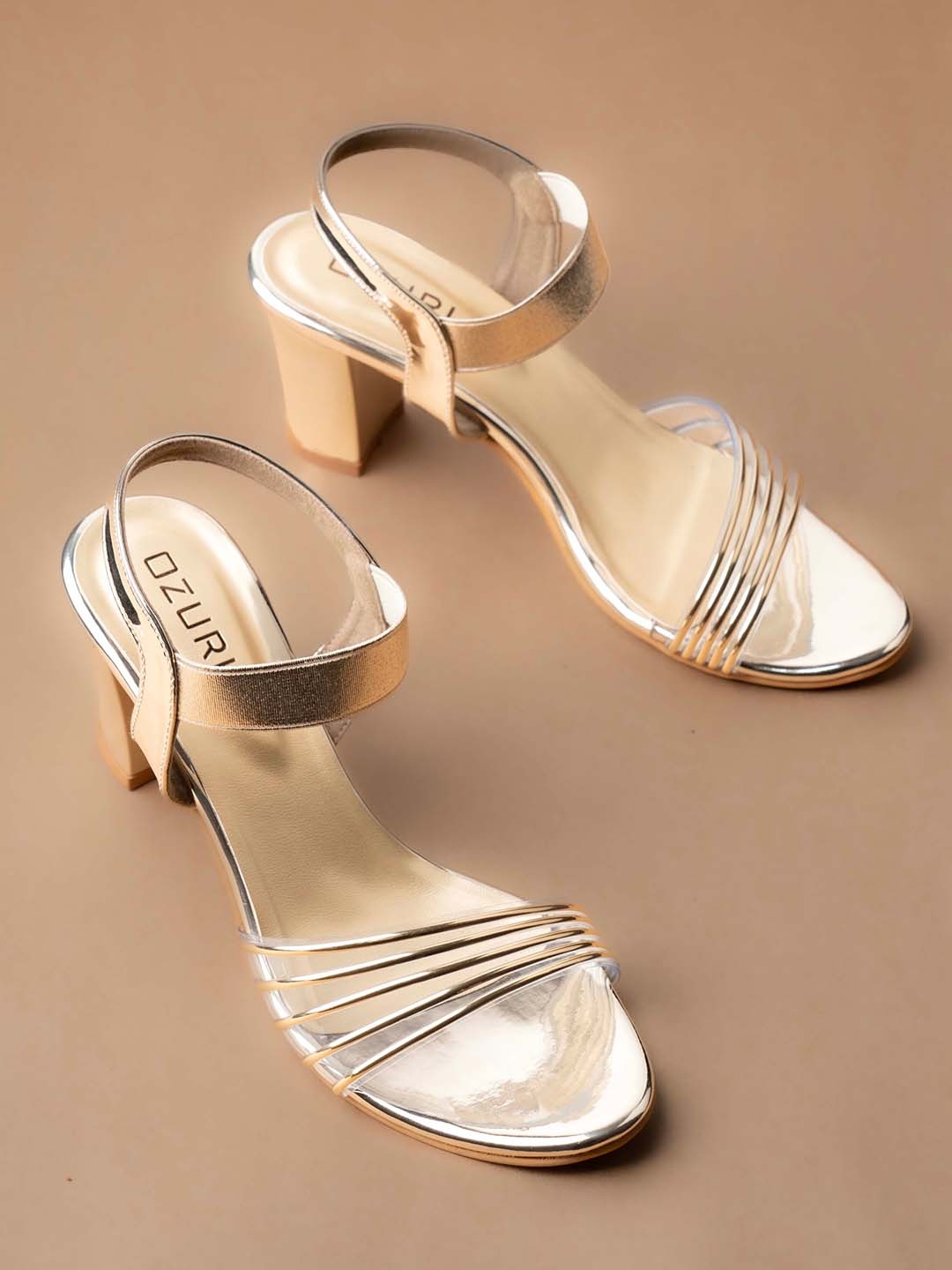 

Ozuri Striped Open Toe Backstraps Block Heels, Gold