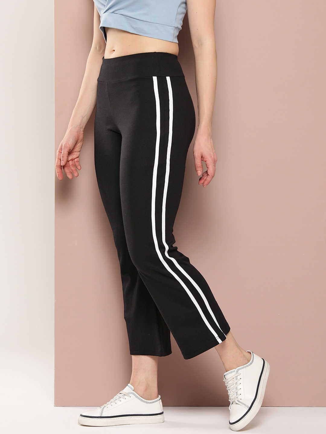 

FEMEA Women Striped Flared Track Pants, Black