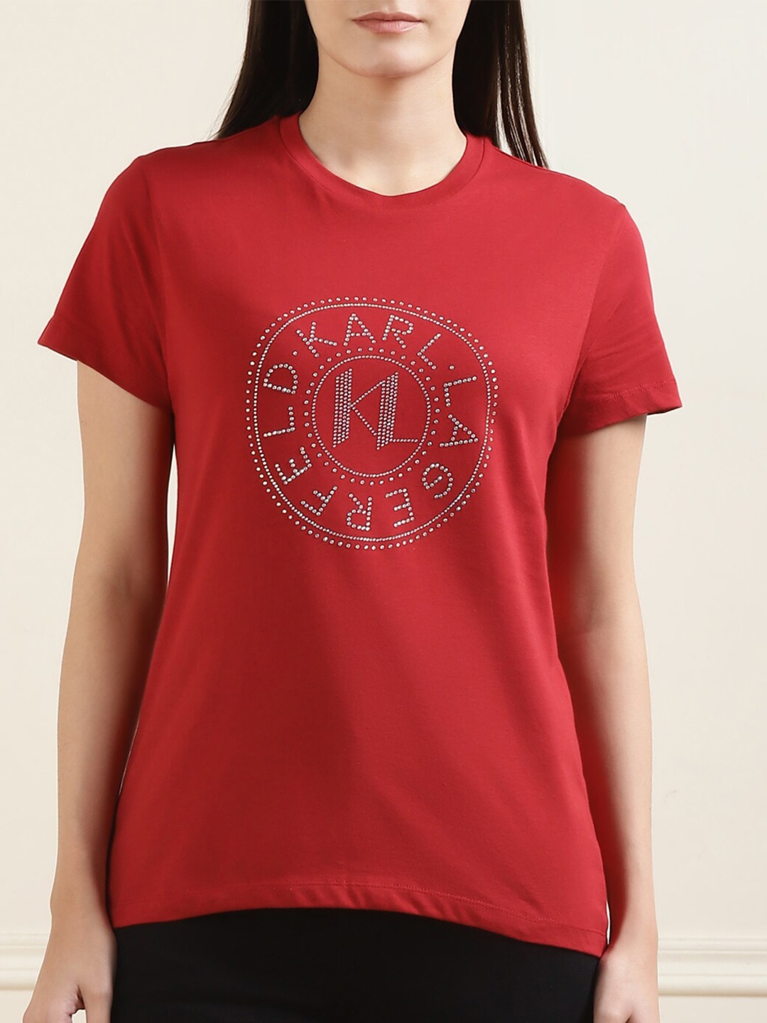 

Karl Lagerfeld Brand Logo Printed Embellished Cotton T-shirt, Red