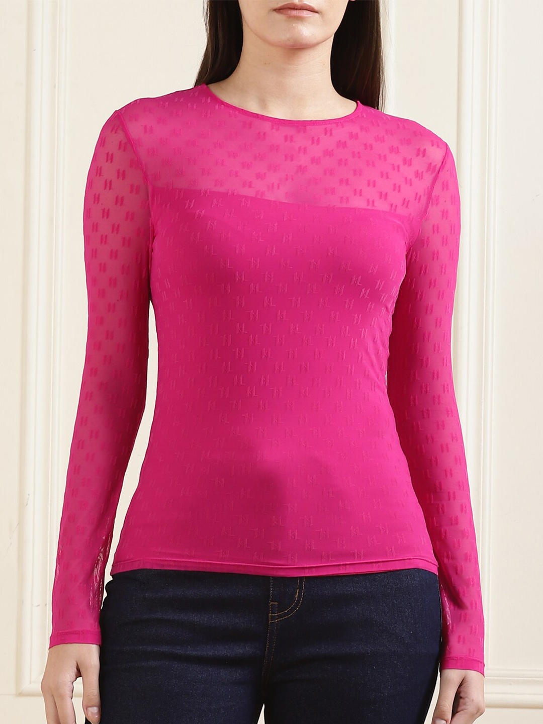 

Karl Lagerfeld Brand Logo Self Designed Semi Sheer Fitted Top, Pink