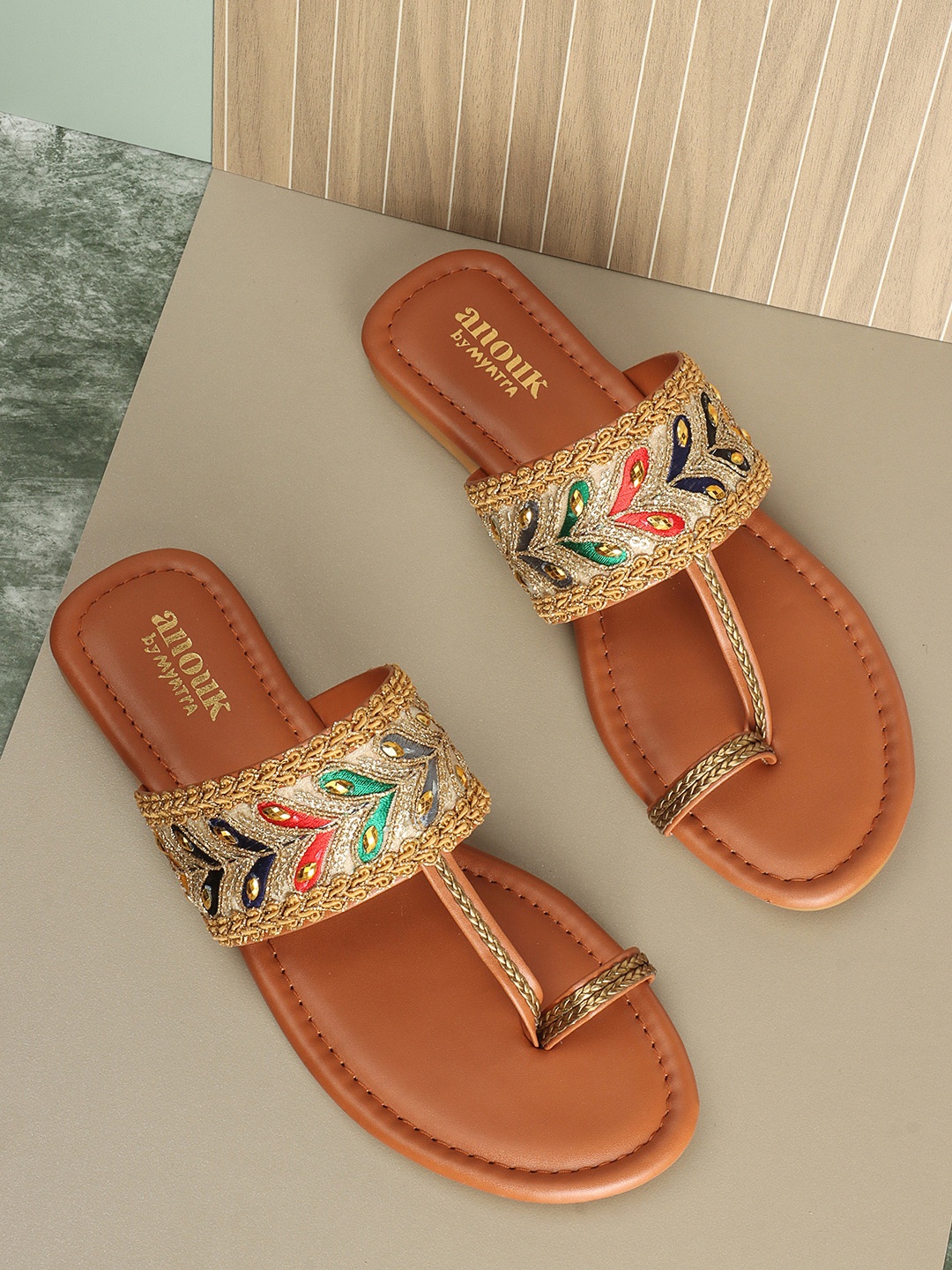 

Anouk Embellished One Toe Flats, Tan
