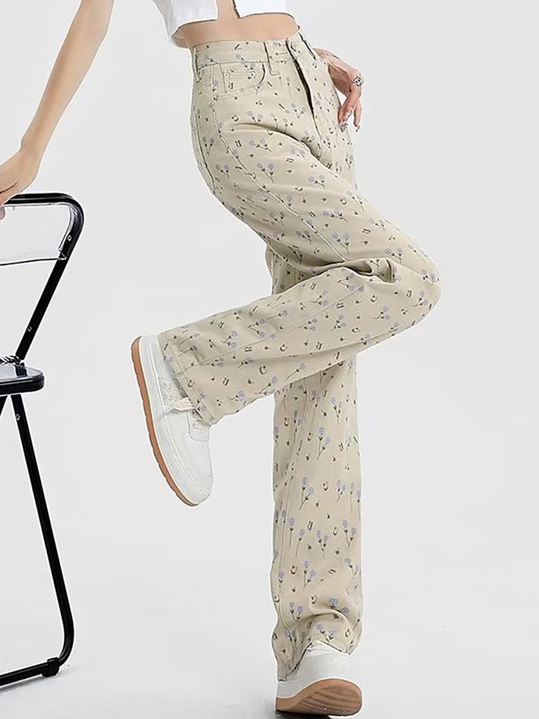 

LULU & SKY Women Floral Printed Straight Fit High-Rise Trousers, Off white
