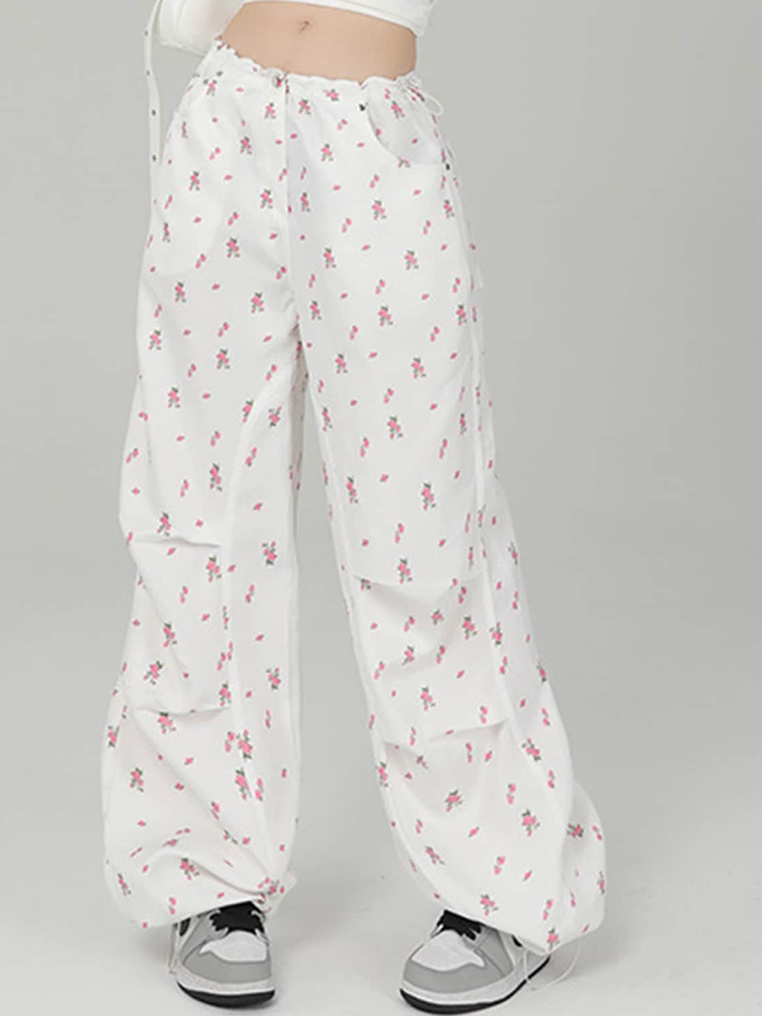 

LULU & SKY Women Floral Printed Loose Fit High-Rise Parallel Trousers, White