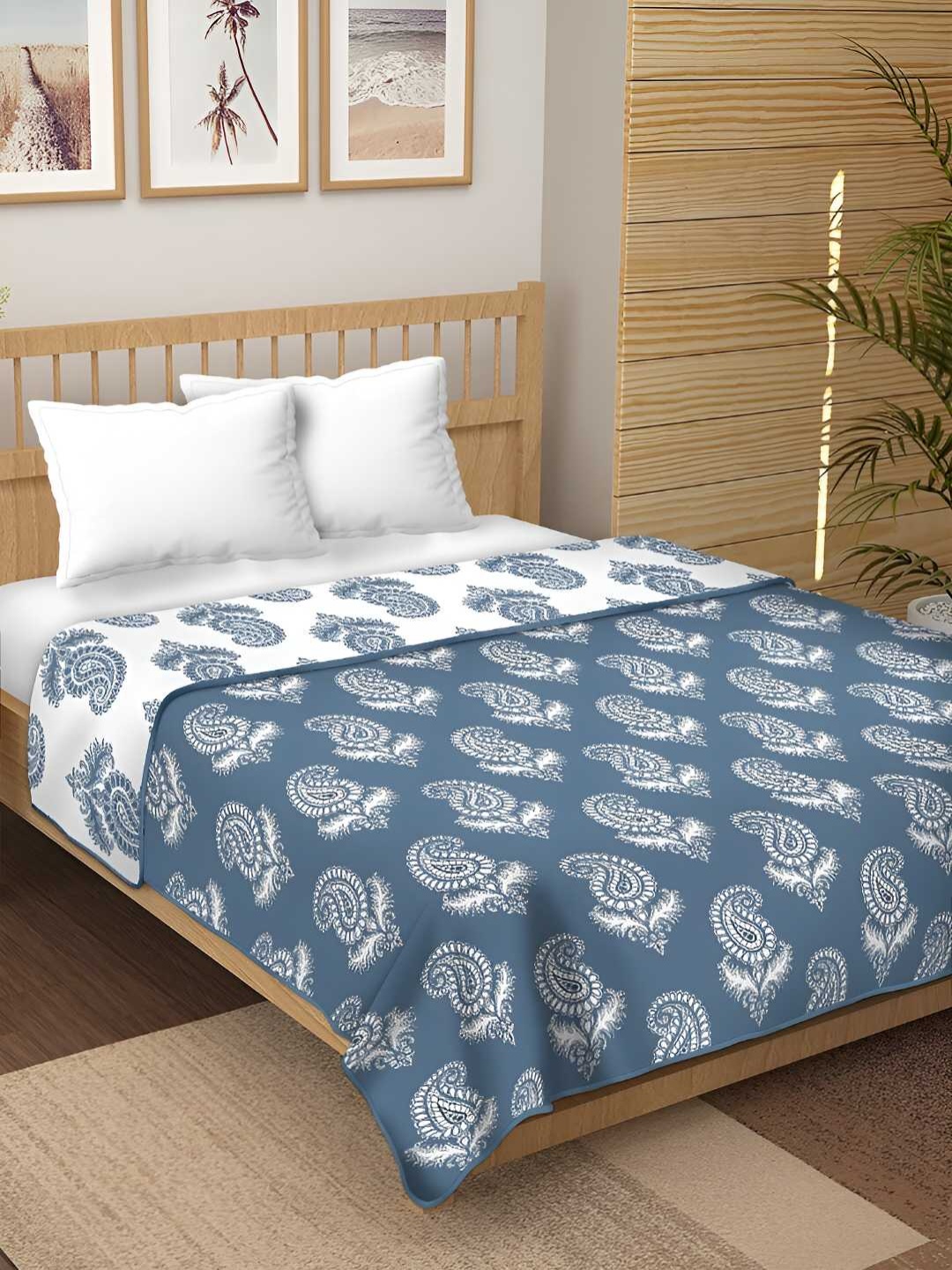 

tundwal's Teal Blue & White Floral Printed Cotton AC Room 210 GSM Double Bed Dohar