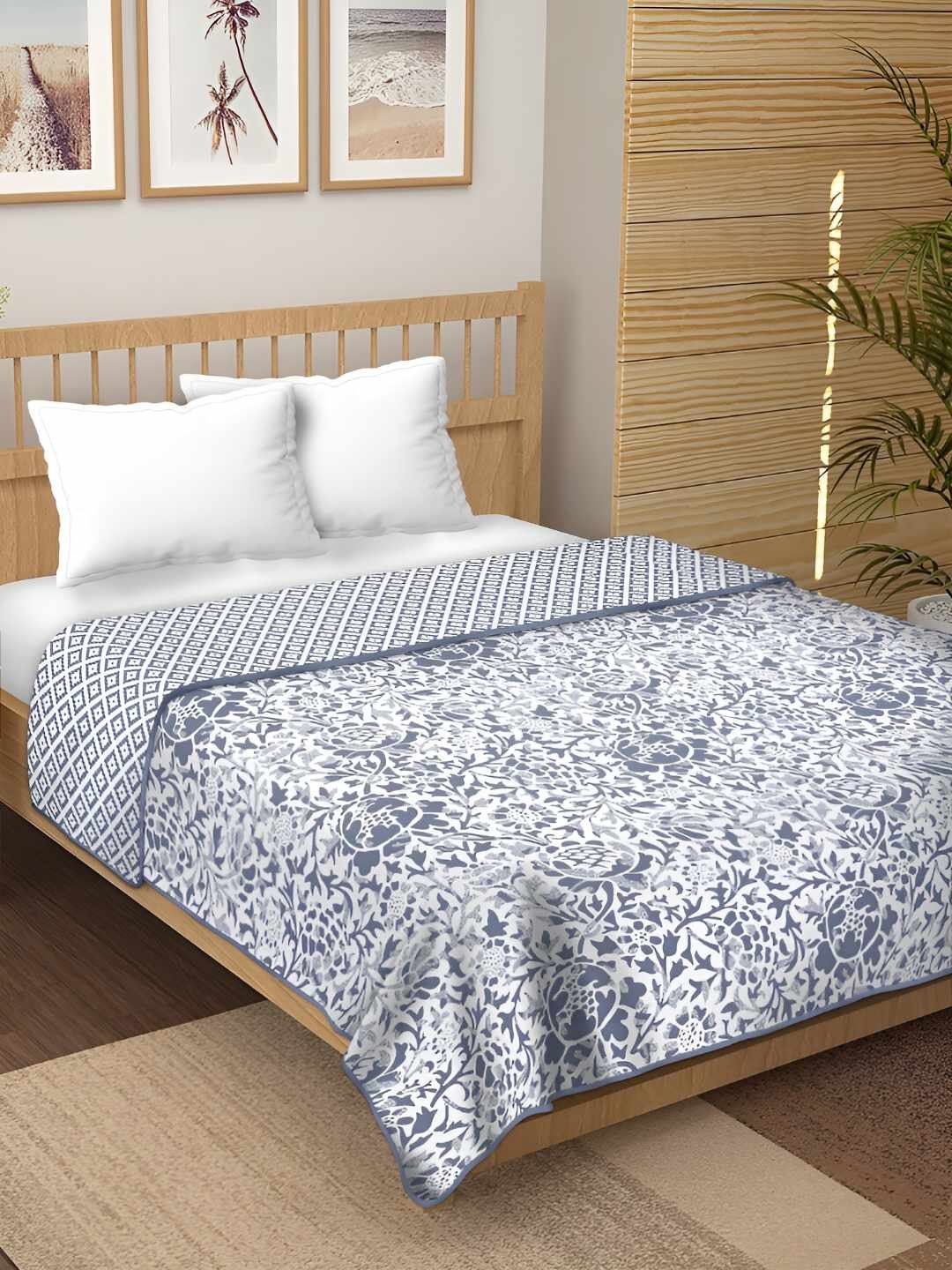 

tundwal's Grey & White Floral Printed Reversible Cotton AC Room 210 GSM Single Bed Dohar