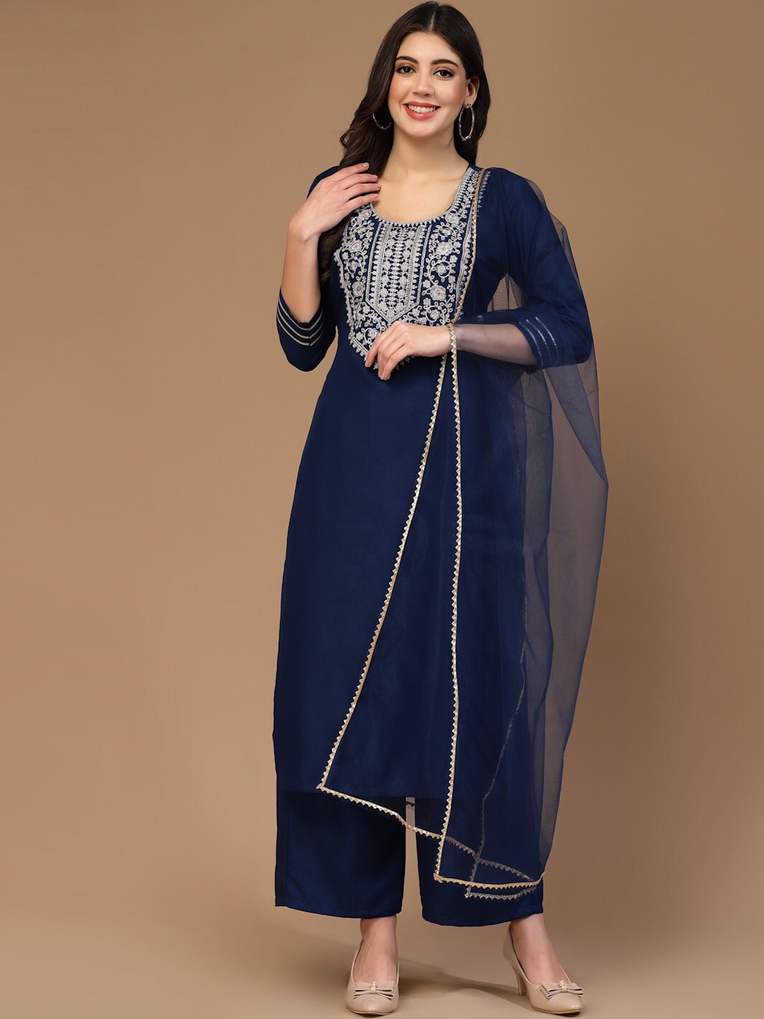 

LookMark Women's Trendy Yoke Design Embroidered Straight Kurta With Trouser & Dupatta, Navy blue